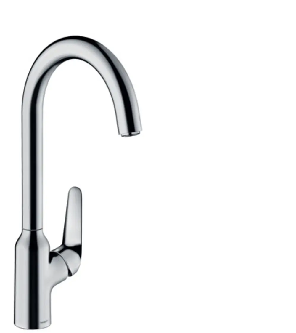 Ein chromfarbener Spültischmischer von Hansgrohe mit einem hohen, geschwungenen Auslauf und einem seitlichen Hebel zur Bedienung.